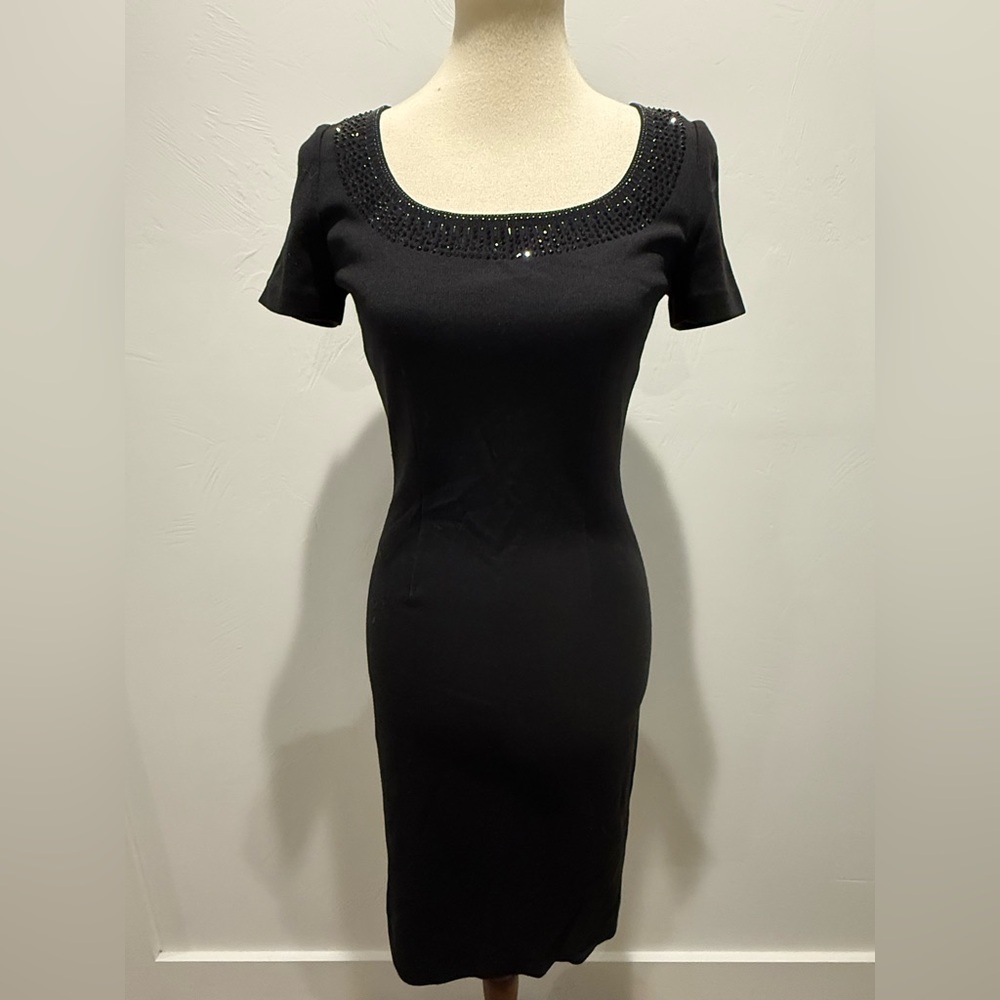 St. John Black Dress with Embellished Neckline - Wool/Rayon